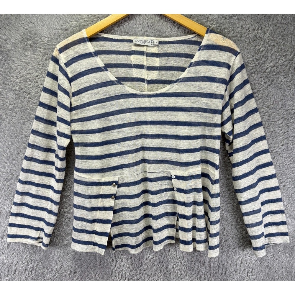 Caty Lesca Paris Womens S Linen Top Blue White Striped Pleated Artsy Coastal